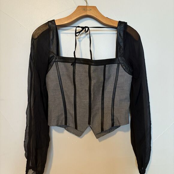 Bebe Y2K Leather & Silk Sheer Long Sleeve Corset Top Size Small Eye Hook Close - Picture 8 of 16
